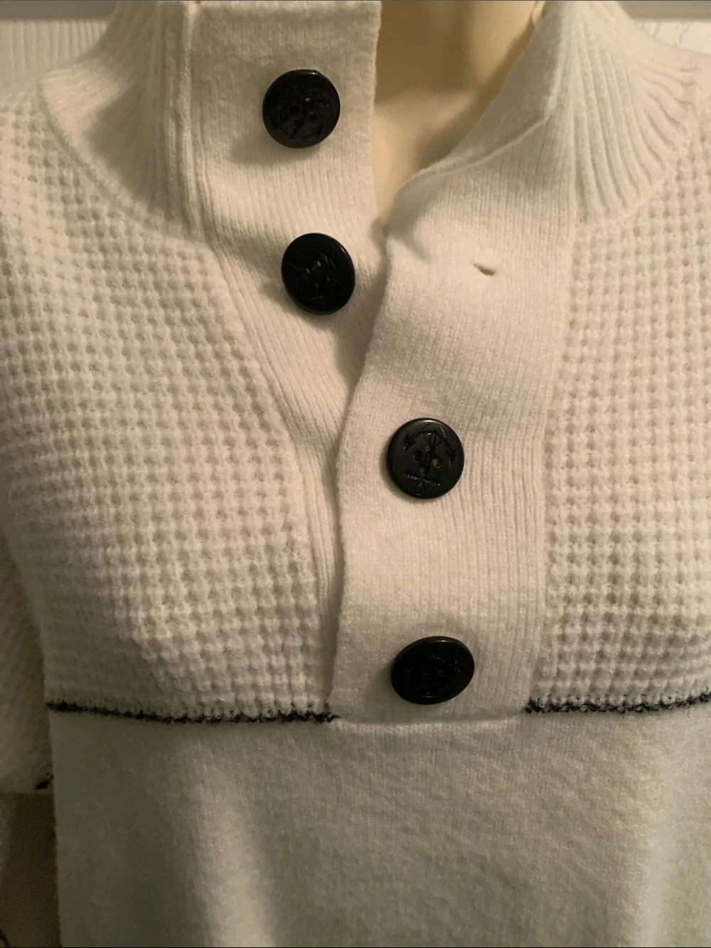 Cider Cream Waffle-Knit Button Pullover with Black Trim